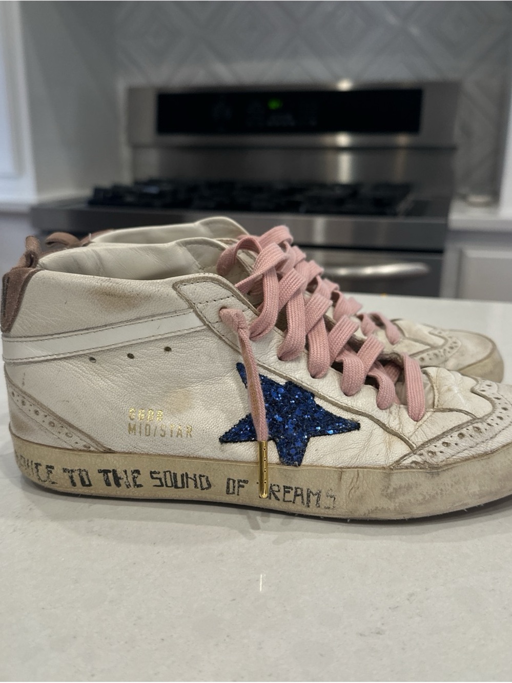 Golden Goose white Leather Sneakers with Blue Glitter Star and Pink & white lace
